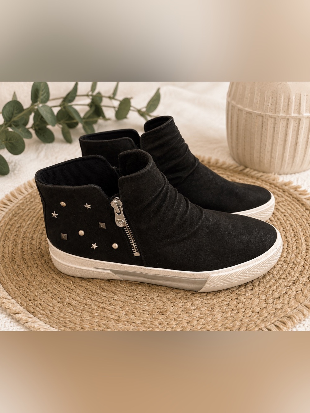 Women’s Black Zip-Accent Ankle Bootie with Stud Detailing